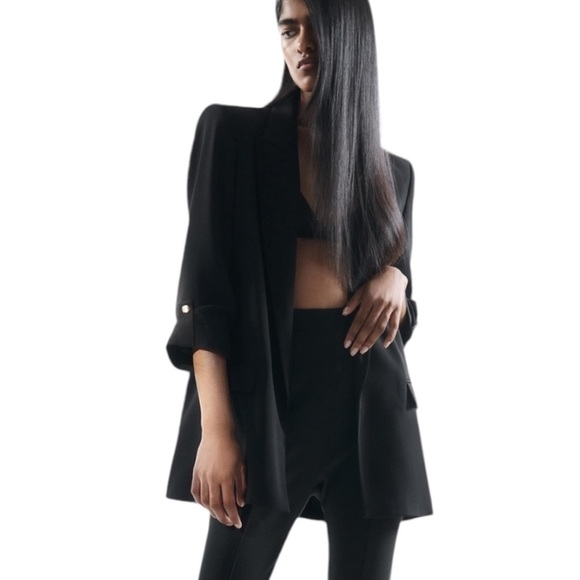 Zara Black Roll Button Sleeve Open Front Blazer Jacket - L - Picture 3 of 16